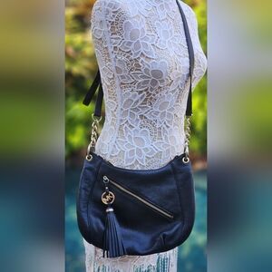 Michael Kors Black Leather Shoulder Bag with Tassel Charm
